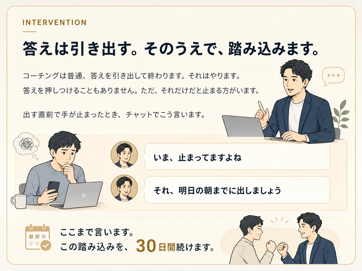 INTERVENTION。答えは引き出す。そのうえで、踏み込みます。出す直前で手が止まったとき、『いま、止まってますよね』『それ、明日の朝までに出しましょう』と伝える。この踏み込みを30日間続けます。