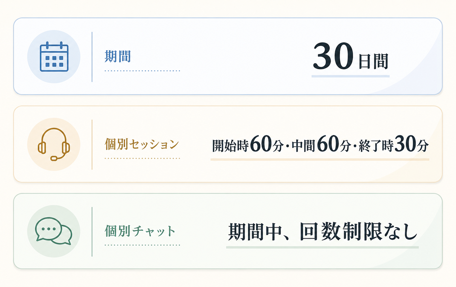 プログラム概要。期間は30日間。個別セッションは開始時60分・中間60分・終了時30分。個別チャットは期間中、回数制限なし。