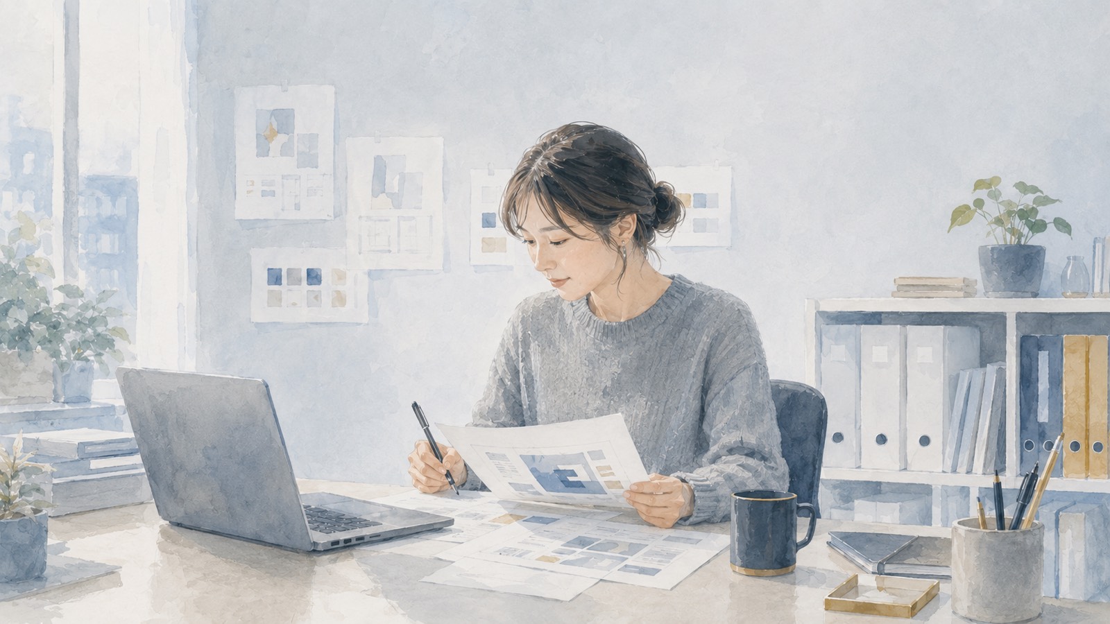 デスクでノートパソコンと紙のデザイン案を見比べている女性のイラスト