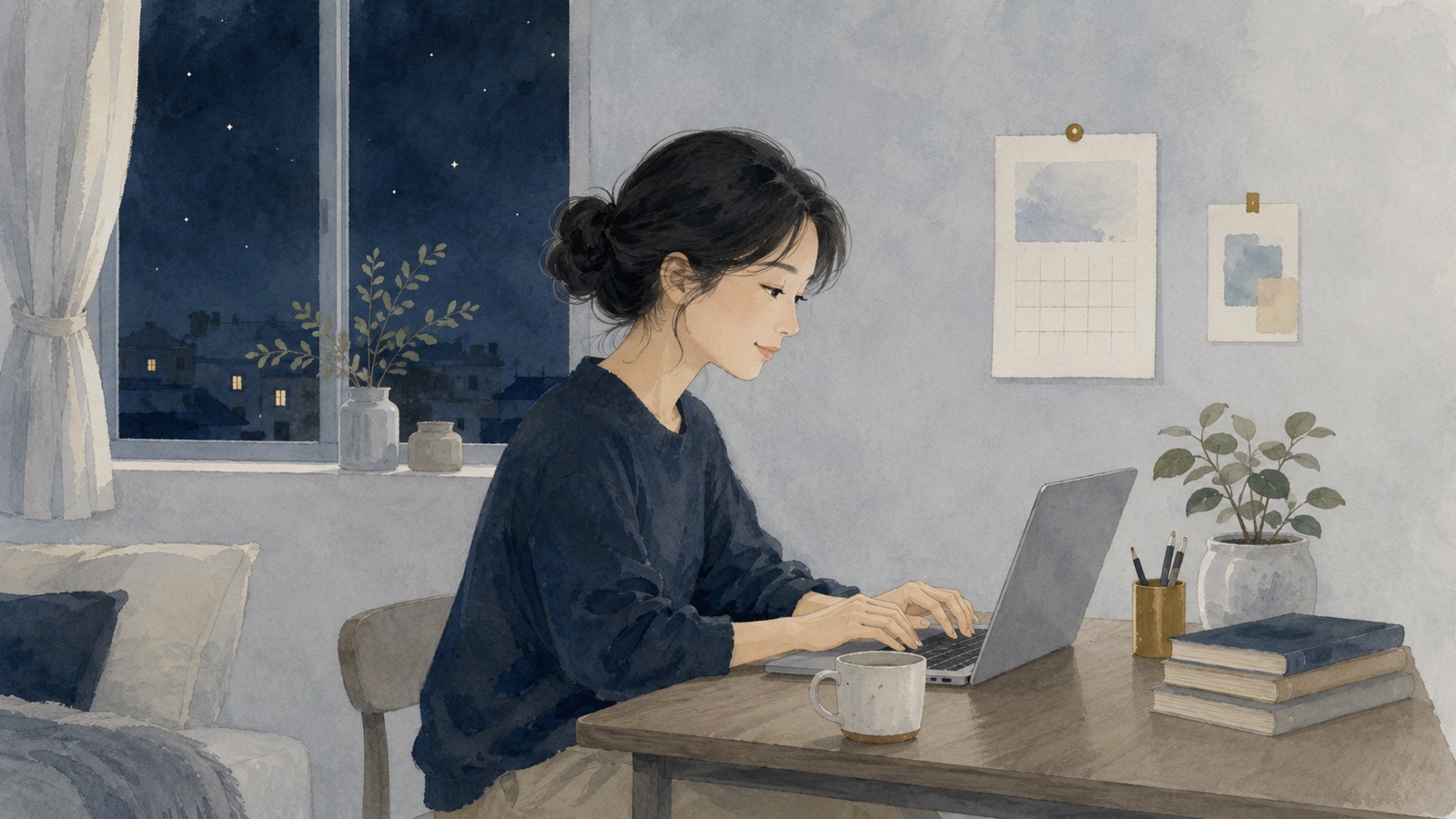 夜の自室で、ノートパソコンに向かって文章を書いている女性のイラスト