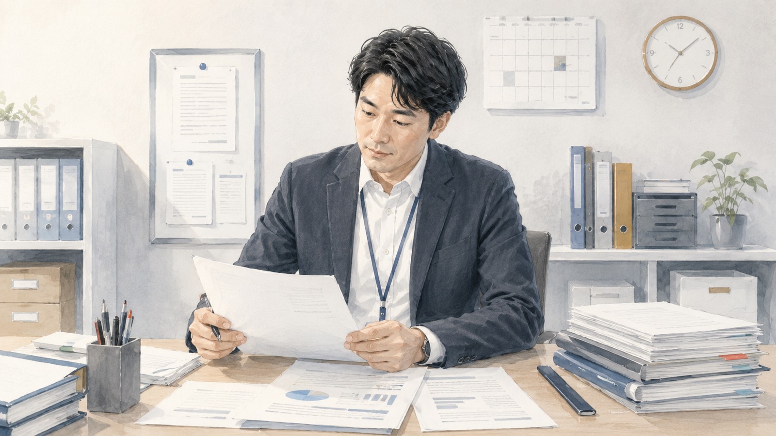 オフィスのデスクで書類に目を通している会社員のイラスト