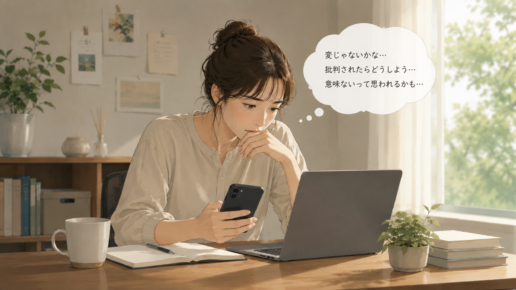 スマートフォンを手に、周囲の目を気にして考え込む女性