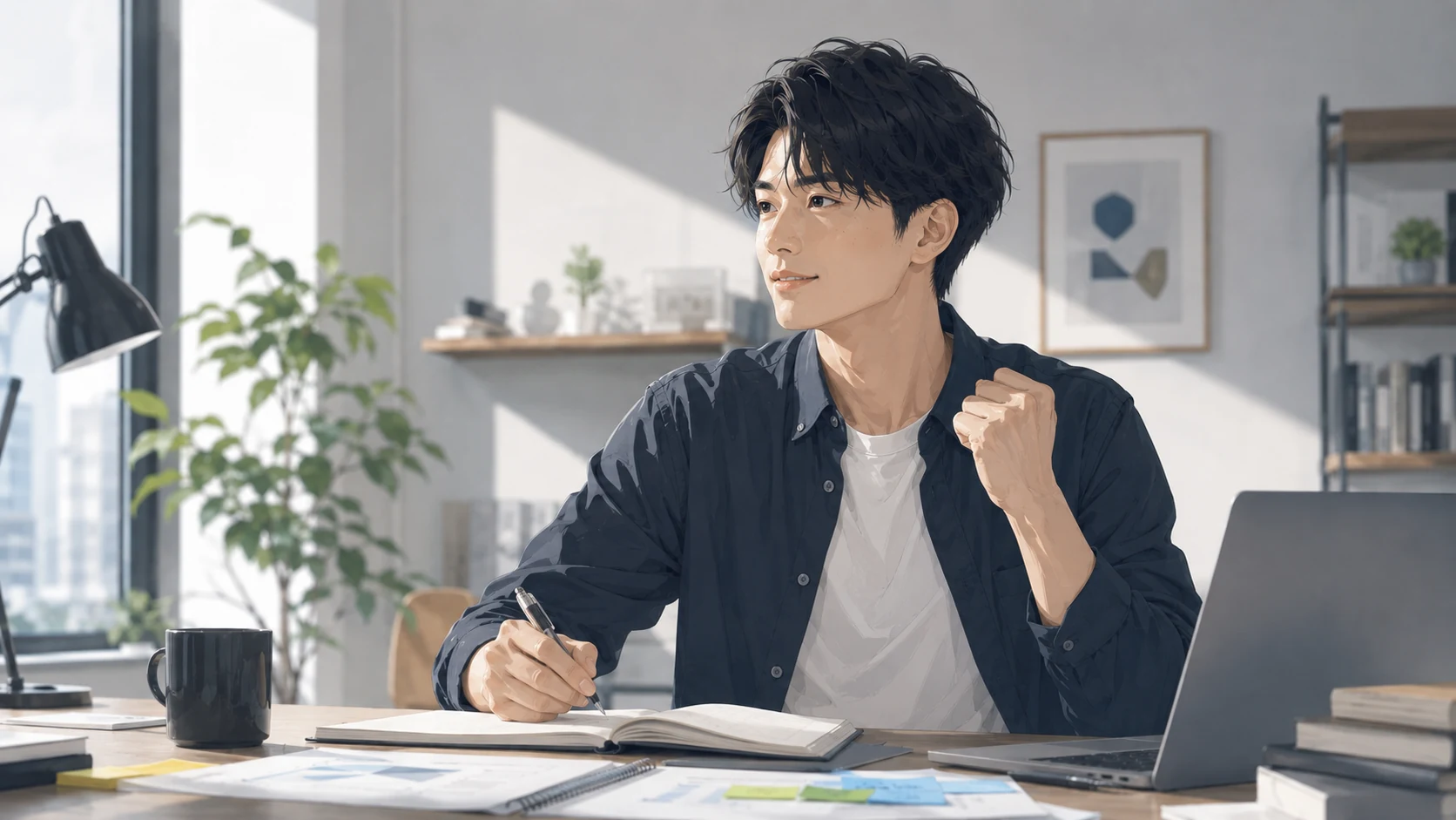 明るい部屋の机でノートに書きながら顔を上げ、こぶしを軽く握っている男性。