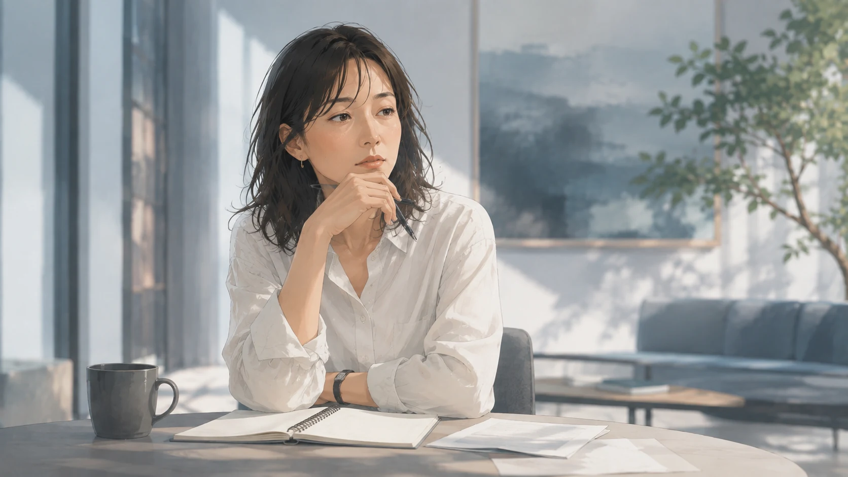 明るい窓辺の机で、開いたノートとペンを前に手を止め、考えごとをしている女性。