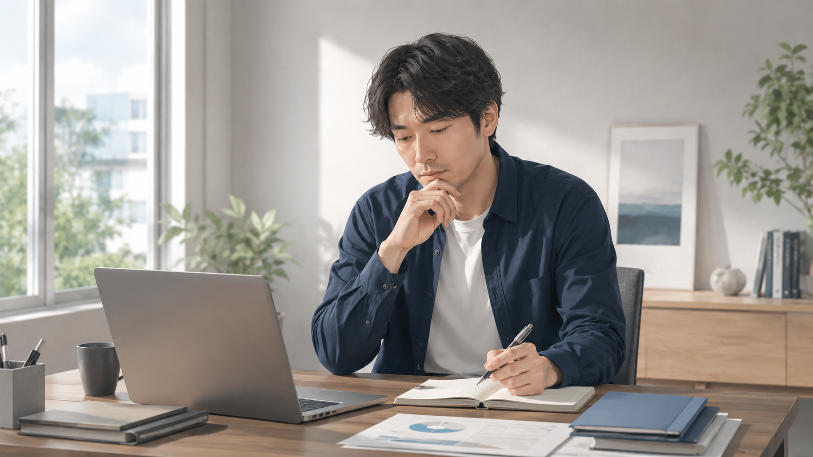 ノートに書きながら考え込む男性