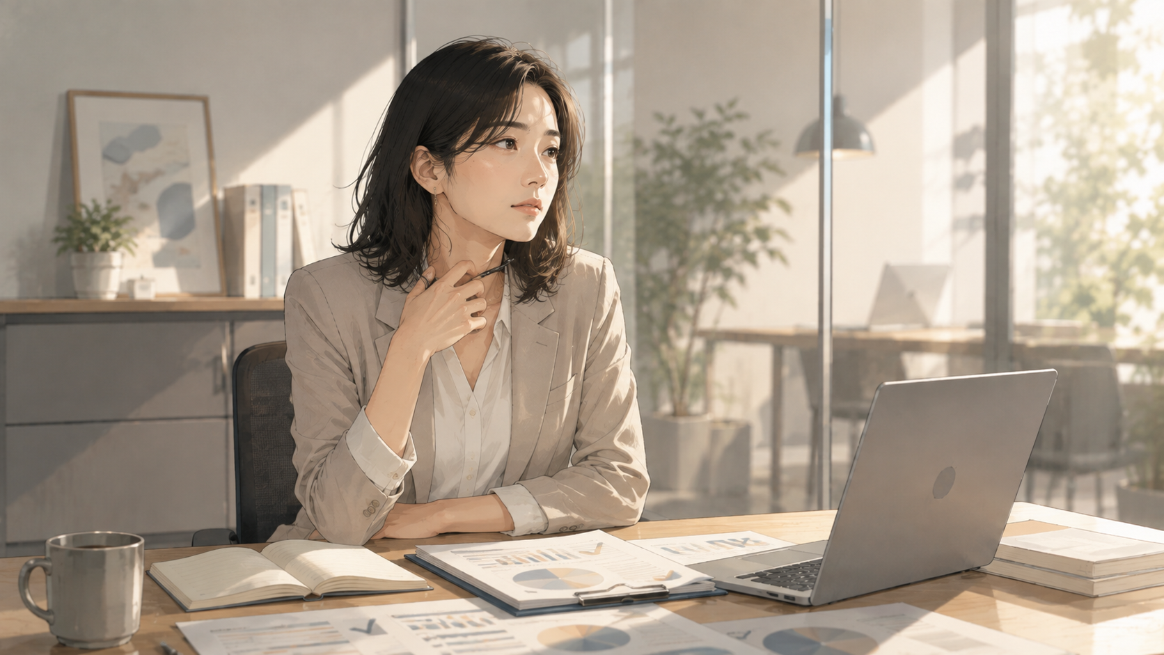 机の前で、自分の評価について考え込む女性